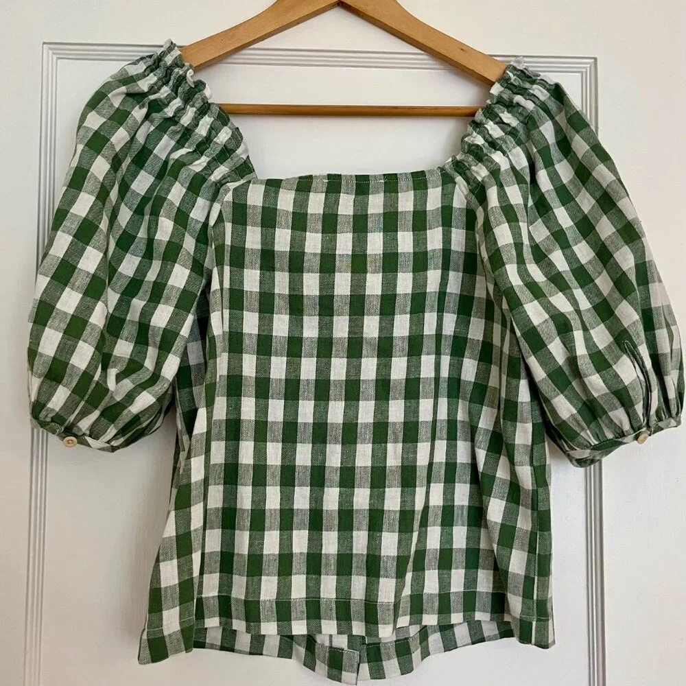 Madewell Green and White Gingham Puff-Sleeve Button-Front Top